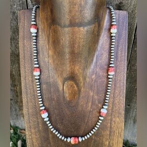 Southwestern Sterling Silver Spiny Oyster 4mm Pearls Bead Necklace 20 Inch Gift